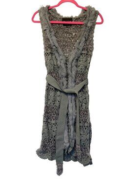 MM Couture By Miss Me Gray Crocheted Sleeveless Cardigan Tie Belt & Fur Trim
